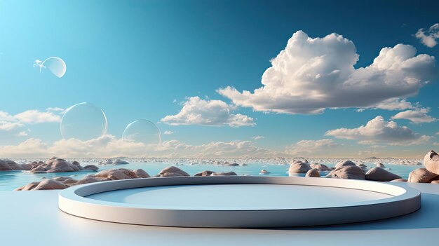 美しい雲と空の背景を持つ3Dレンダリングサークル・ポディウムの製品ディスプレイ