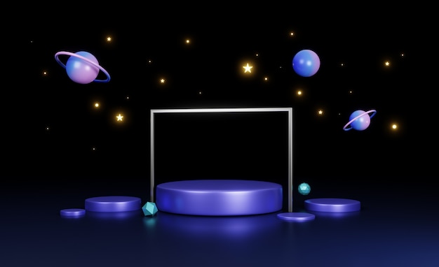 3 dレンダリング、宇宙船の概念、ネオンブルーの夜の光、抽象的な未来的な背景のサークルステージ
