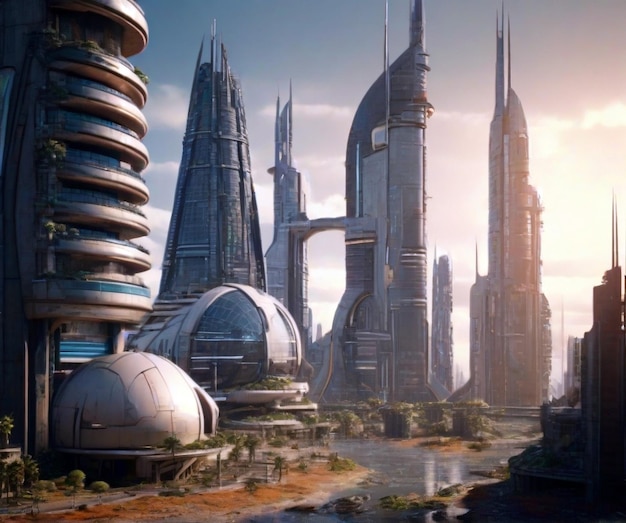 3D-рендер города будущего после апокалипсиса sci-fi 8k высокого разрешения