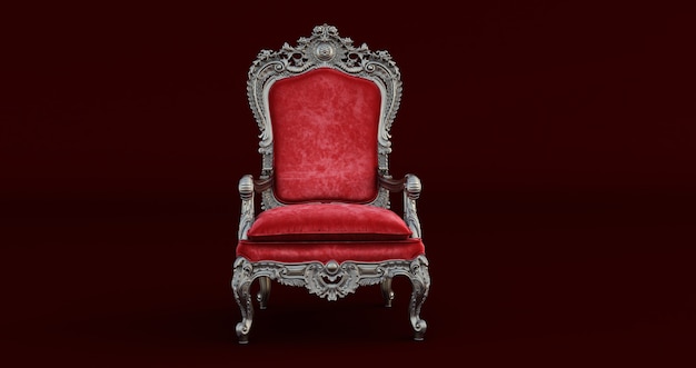 3D render of Classic baroque armchair throne in bronze and red colors isolated on dark red background.