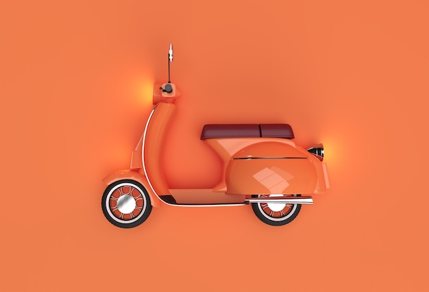 オレンジ色の背景に3Dレンダリングクラシックモータースクーターの側面図。