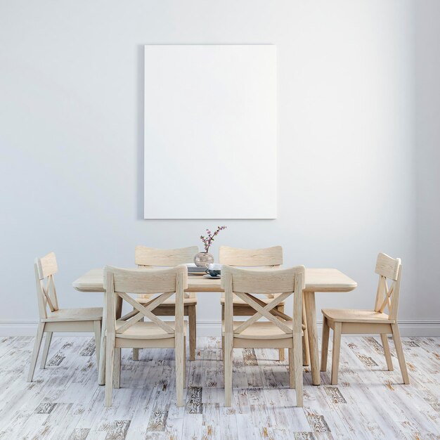 Photo 3d render of clean interior with wood table and chairs