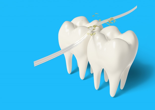 Foto 3d rendono il dente pulito con filo per i denti