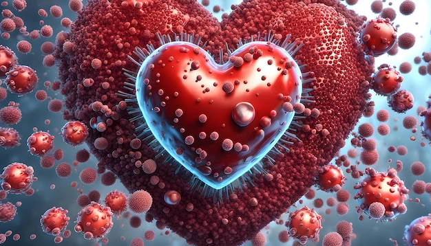 Photo 3d render of a clinical foundation showing infection cells going after a heart in a male