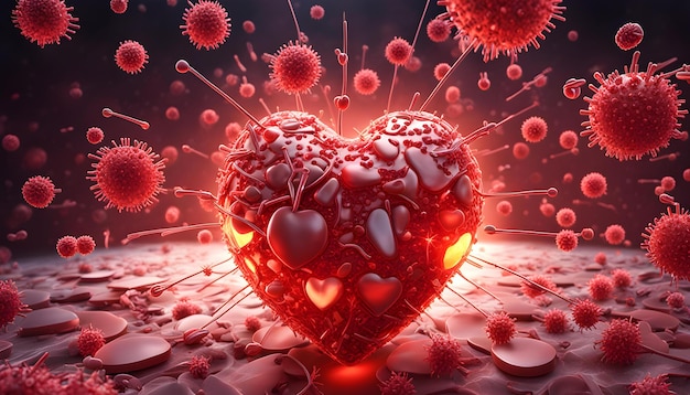 3d render of a clinical foundation showing infection cells going after a heart in a male