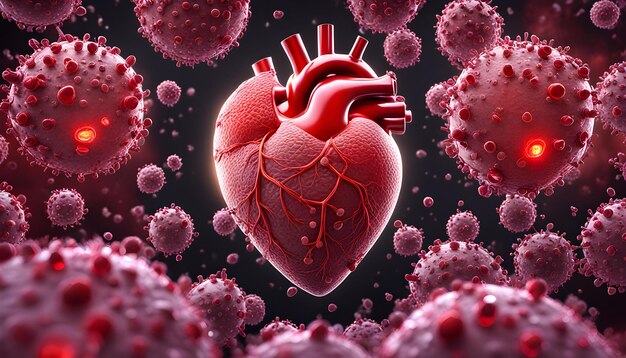 3d render of a clinical foundation showing infection cells going after a heart in a male