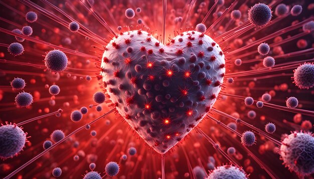 Photo 3d render of a clinical foundation showing infection cells going after a heart in a male