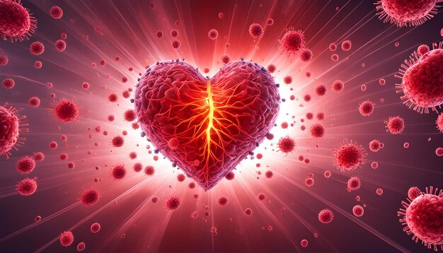 Photo 3d render of a clinical foundation showing infection cells going after a heart in a male