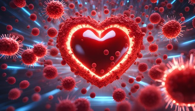 Photo 3d render of a clinical foundation showing infection cells going after a heart in a male