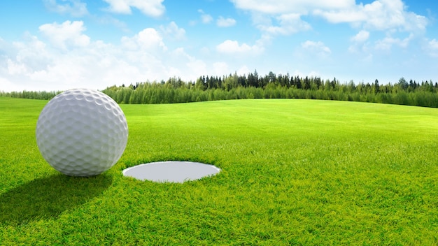 Photo 3d render close up of golf ball on green in golf course. sport background.