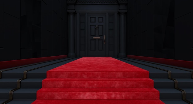 3D render of closed black door Closed black door in a dark room with stairs and red carpet