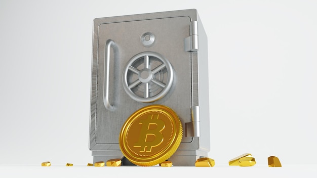 3D render of closed metallic safe box with golden bitcoin on white background