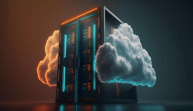 3D-рендеринг башни облачного сервера с объемными облаками в центре обработки данных, идеально подходящий для использования на складе в высоком разрешении