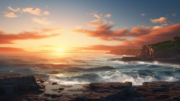 3d render of a coastal landscape on a sunset sky