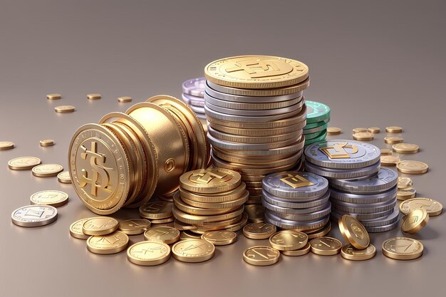 3d render of coins and bundles cash financial concept