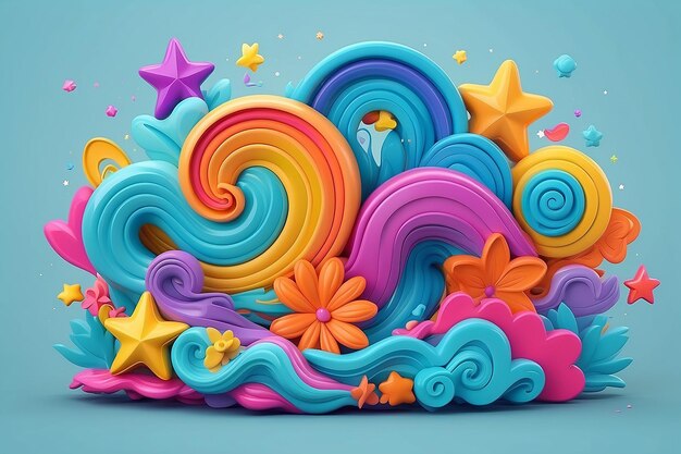 Photo 3d render color abstract liguid shape kid doodle graphic element cute cloud flower shape star wave rainbow doodle in trendy moden style