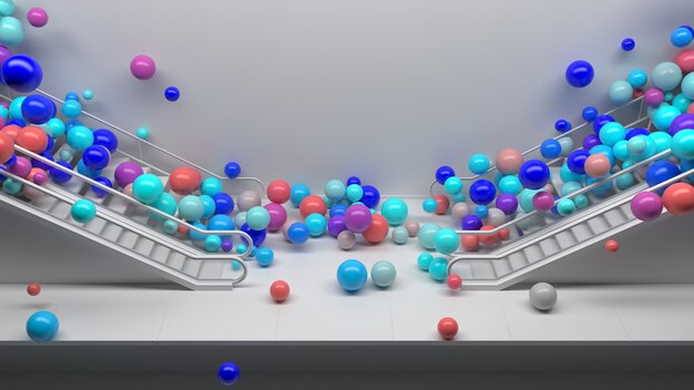 3d render colorful background with a lot of shiny spheres fall\
down from escalator. fun and positive mood. vibrant colors. 3d\
spheres.