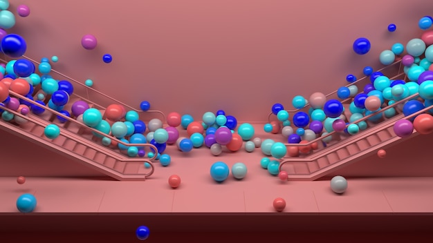 3D визуализация красочный фон с множеством блестящих сфер, падающих с эскалатора. Веселье и позитивный настрой. Яркие цвета. 3d сферы.