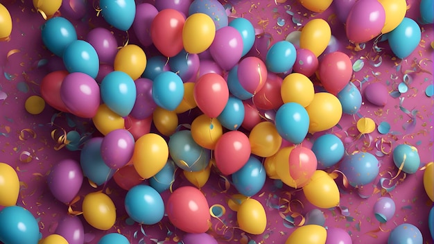 3d render of colorful balloons and confetti on a purple background