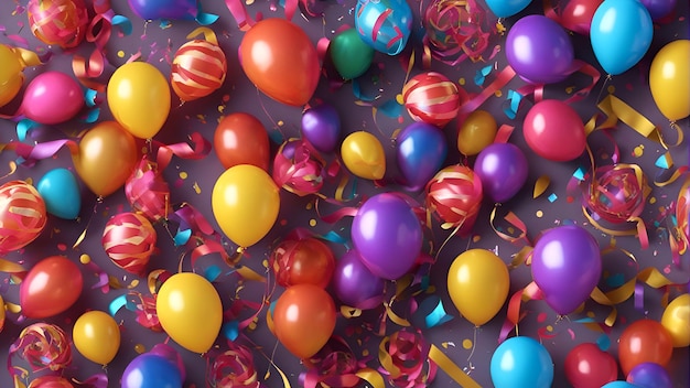 3D рендеринг разноцветных воздушных шаров и конфетти на фиолетовом фоне