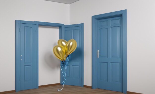 3D-рендеринг разноцветных воздушных шаров, летающих через синюю дверь