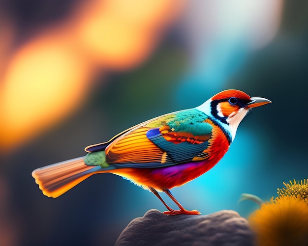 3d render of a colorful bird on a background of nature