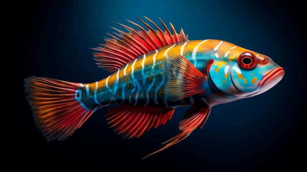 3d render of a colorful fish on a dark blue background