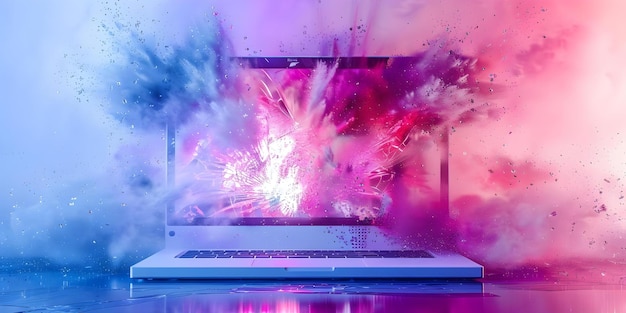 3d render colorful front view of a computer with exploding screen concept 3d rendering colorful design computer front view exploding screen