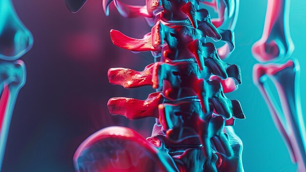 Foto rendering 3d di un'anatomia della colonna vertebrale umana colorata su uno sfondo blu e rosso