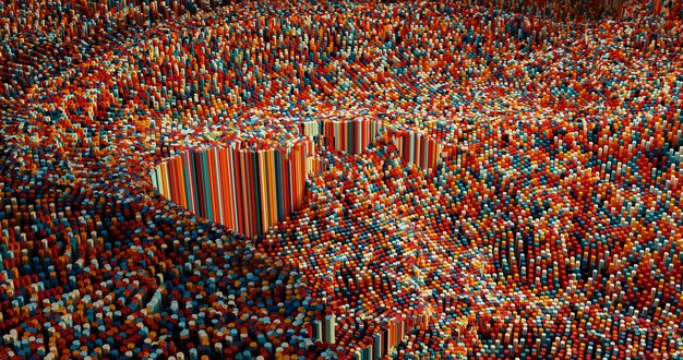 Rendering 3d di micro esagoni colorati in una griglia di pattern casuale big data o intelligenza artificiale concetto di calcolo futuristico background tecnologico circuiti galleggianti grafici elementi cifre