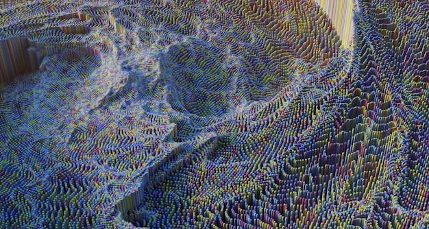 3d render of colorful micro hexagons in a random pattern grid big data or artificial intelligence computing conceptfuturistic technological background floating circuits charts digits elements