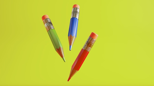 녹색 배경에 다채로운 펜의 3d 렌더링