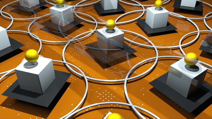 Photo 3d render complex realistic composition from various geometric primitive objects computer generated rotating rings platforms balls cubes isometric background