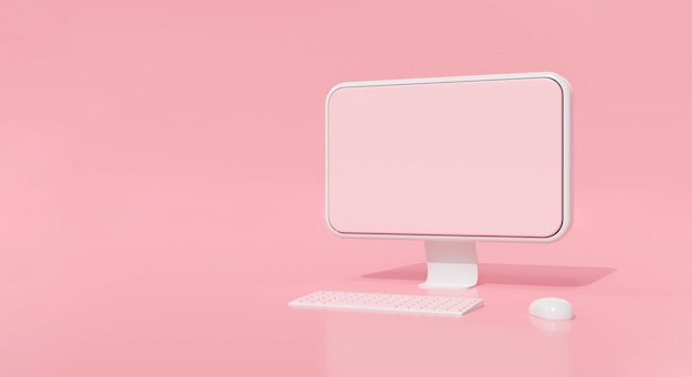 Photo 3d render of computer laptop on pink color pastel background.