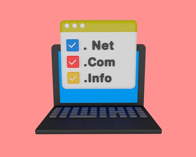 3d render of computer with web domain names, web icon