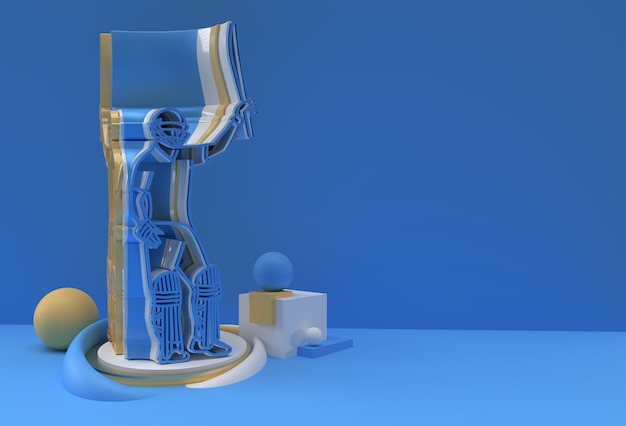 3D Render Concept of Batsman Playing Cricket & 100회 실행 - Display Championship Trophy Cup 장면, 3D 아트 디자인 포스터 일러스트레이션.