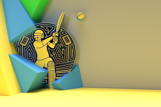 3D визуализация концепции игры с битой в крикет - чемпионат, 3D-арт Дизайн плаката иллюстрации.