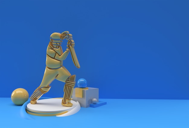 Concetto di rendering 3d di battitore che gioca a cricket - scena per la coppa del trofeo del campionato di visualizzazione, illustrazione di poster di design artistico 3d.