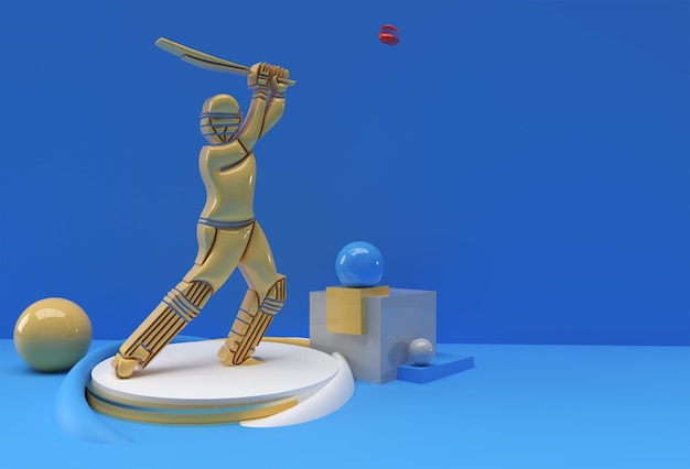 Concetto di rendering 3d di battitore che gioca a cricket - scena per la coppa del trofeo del campionato di visualizzazione, illustrazione di poster di design artistico 3d.