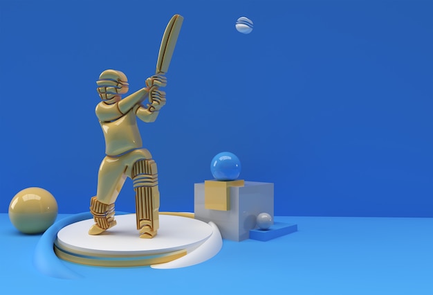 Concetto di rendering 3d di battitore che gioca a cricket - scena per la coppa del trofeo del campionato di visualizzazione, illustrazione di poster di design artistico 3d.