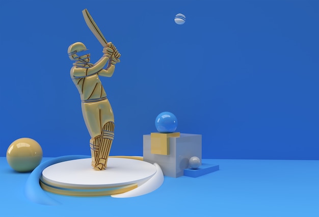 クリケットをする打者の3Dレンダリングの概念-ディスプレイチャンピオンシップトロフィーカップのシーン、3Dアートデザインポスターイラスト。