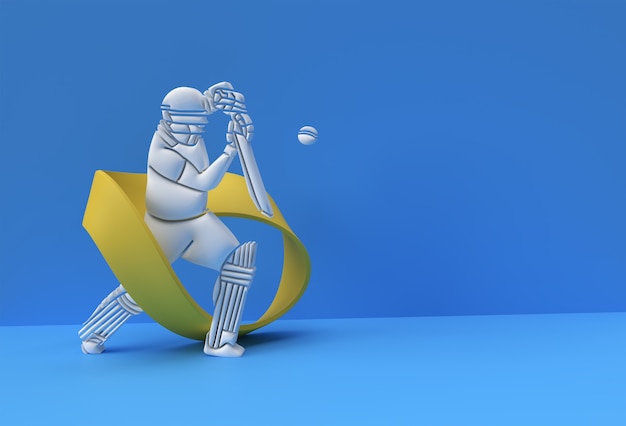 Концепция 3D визуализации бэтсмена, играющего в крикет - сцена для отображения кубка трофея чемпионата, иллюстрации плаката дизайна 3D искусства.