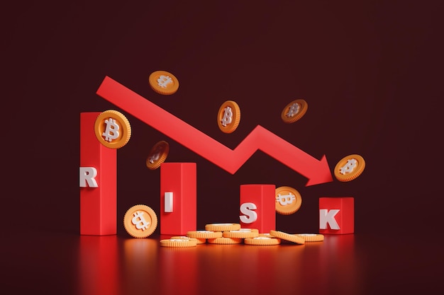 Concetto di rendering 3d rischio di investimento in criptovaluta. freccia al ribasso e grafico a barre rosso con bitcoin.