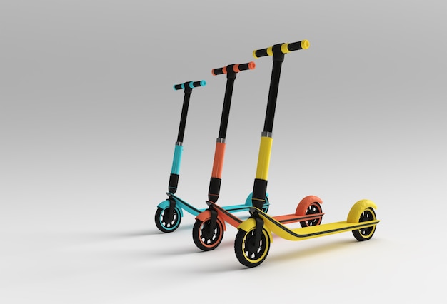 Photo 3d render concept of single push scooter for children 3d art design illustration.