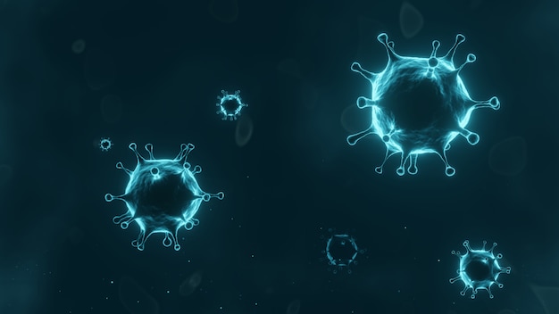 3D render. Conceptual of pandemic epidemic virus for medical health vaccine research. Microscopic magnification of green corona virus, 2019-nCov outbreak forms like SARS and MERS can be lethal,