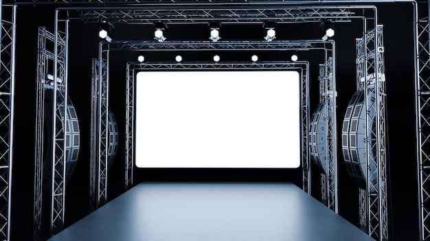 Photo 3d render of concert stage with metal frame empty stage with lightspots and speakers