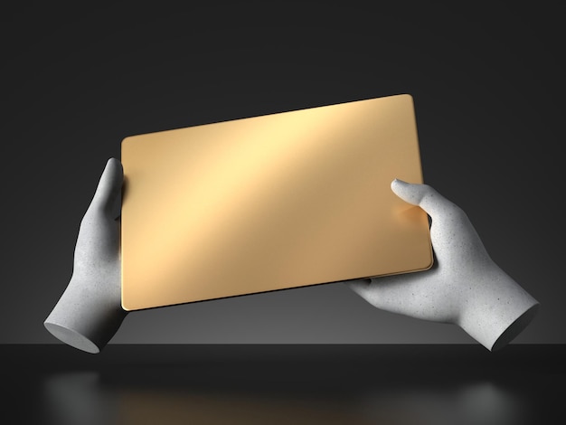 3d render concrete mannequin hands holding blank golden board