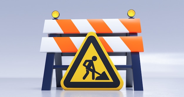 3d render under construction concept with road barrier and sign on white background