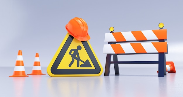 3d render under construction concept with road barrier, signs, helmet and cones on white background