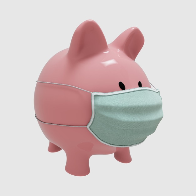 3d render Covid19 financial crisis Coronavirus crisis piggy bank with with a medical mask